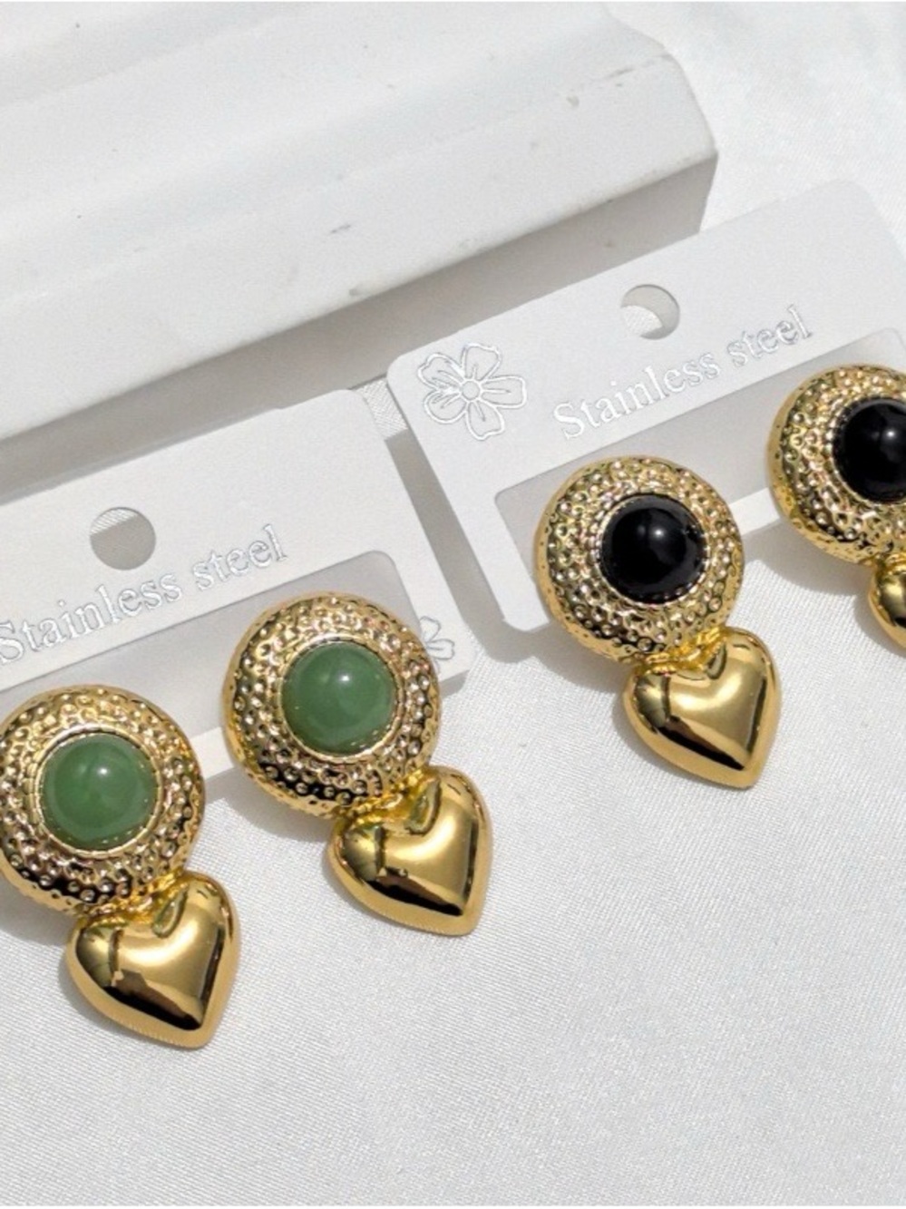 Green Gold Heart Drop Earrings with Green Stone - Stainless Steel